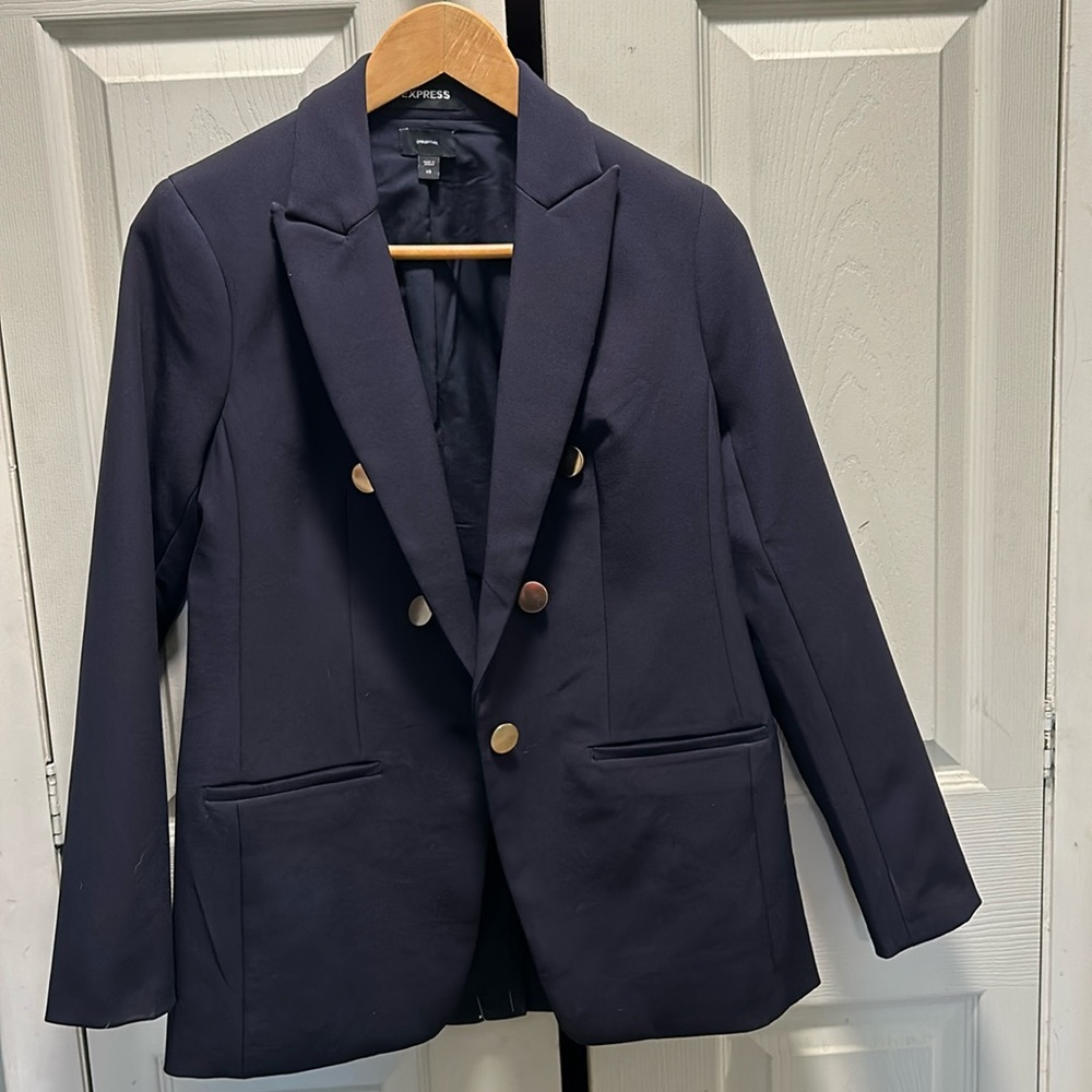 Brass button navy blue super soft twill long Express Blazer